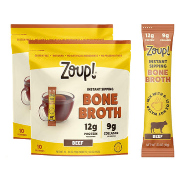 Zoup! Instant Sipping Bone Broth Mix - Paleo And Keto Friendly With 12 Grams Of Protein - Non-Gmo - Bone Broth Protein Powder Packets To Go - Beef  .53 Oz. (Pack Of 20)
