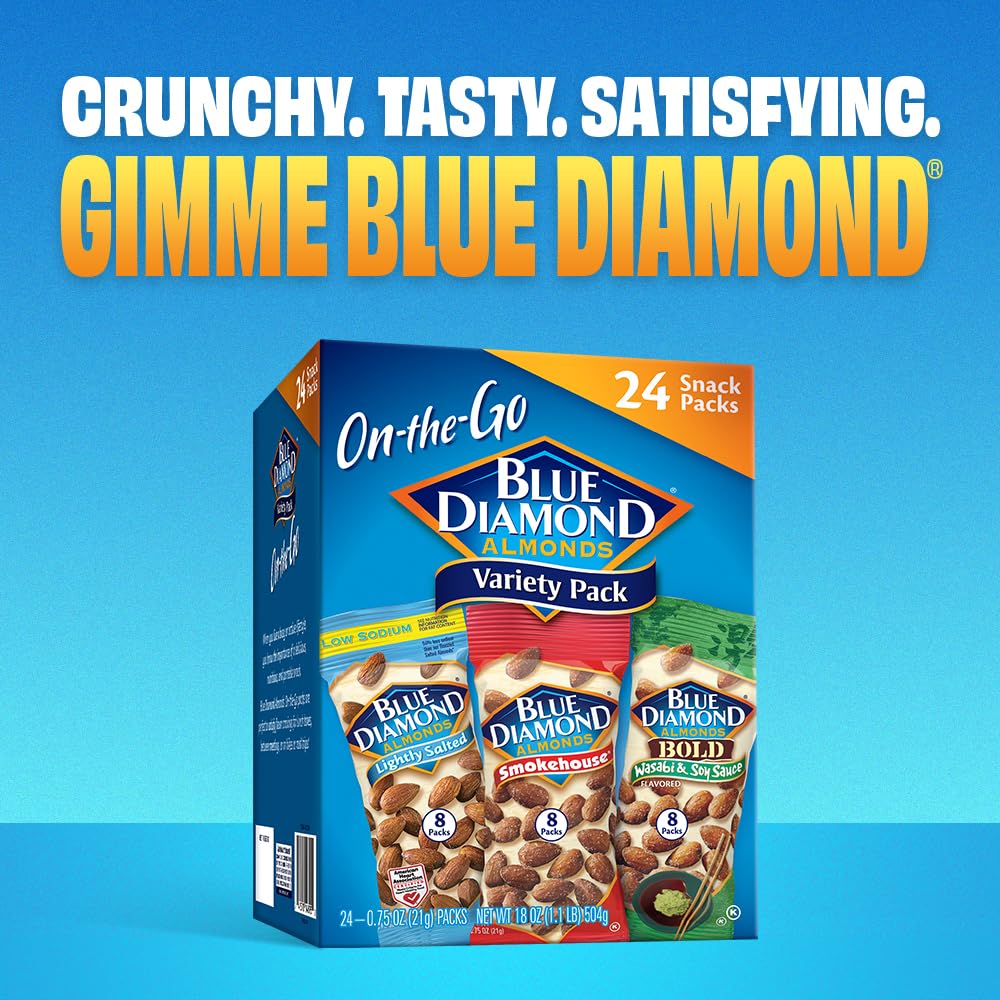 Blue Diamond Almonds Snack Nut Variety Pack For Kids, Office, School, On-The-Go, 0.75 Oz Gluten Free Individual Packs, Wasabi & Soy Sauce, Lightly Salted, And Smokehouse (Pack Of 1,24 Count Total)