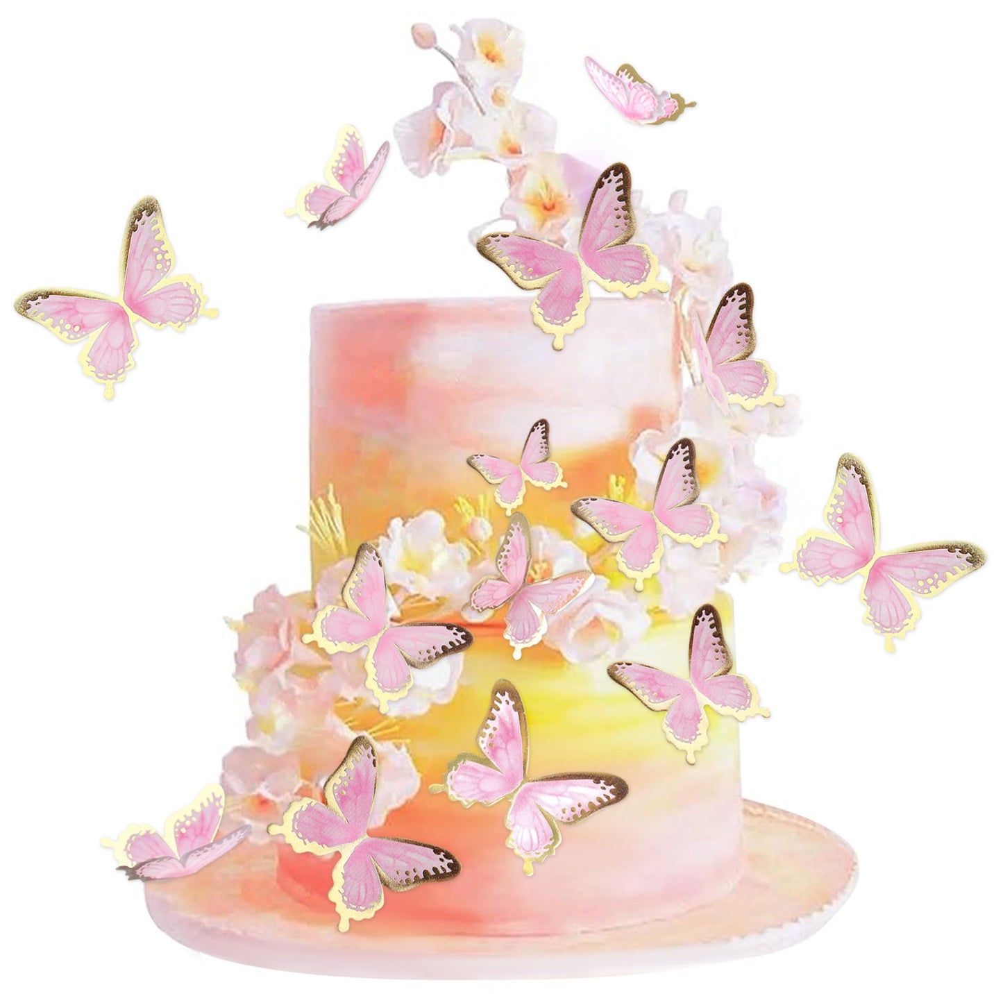 Cyodoos 30Pcs Pink Gold Edge Mixed Size Lively 3D Waterproof Swllowtail Butterfly Cupcake Topper For Girls Womens Happy Birthday Wedding Party Cake Wall Party Food Decorations