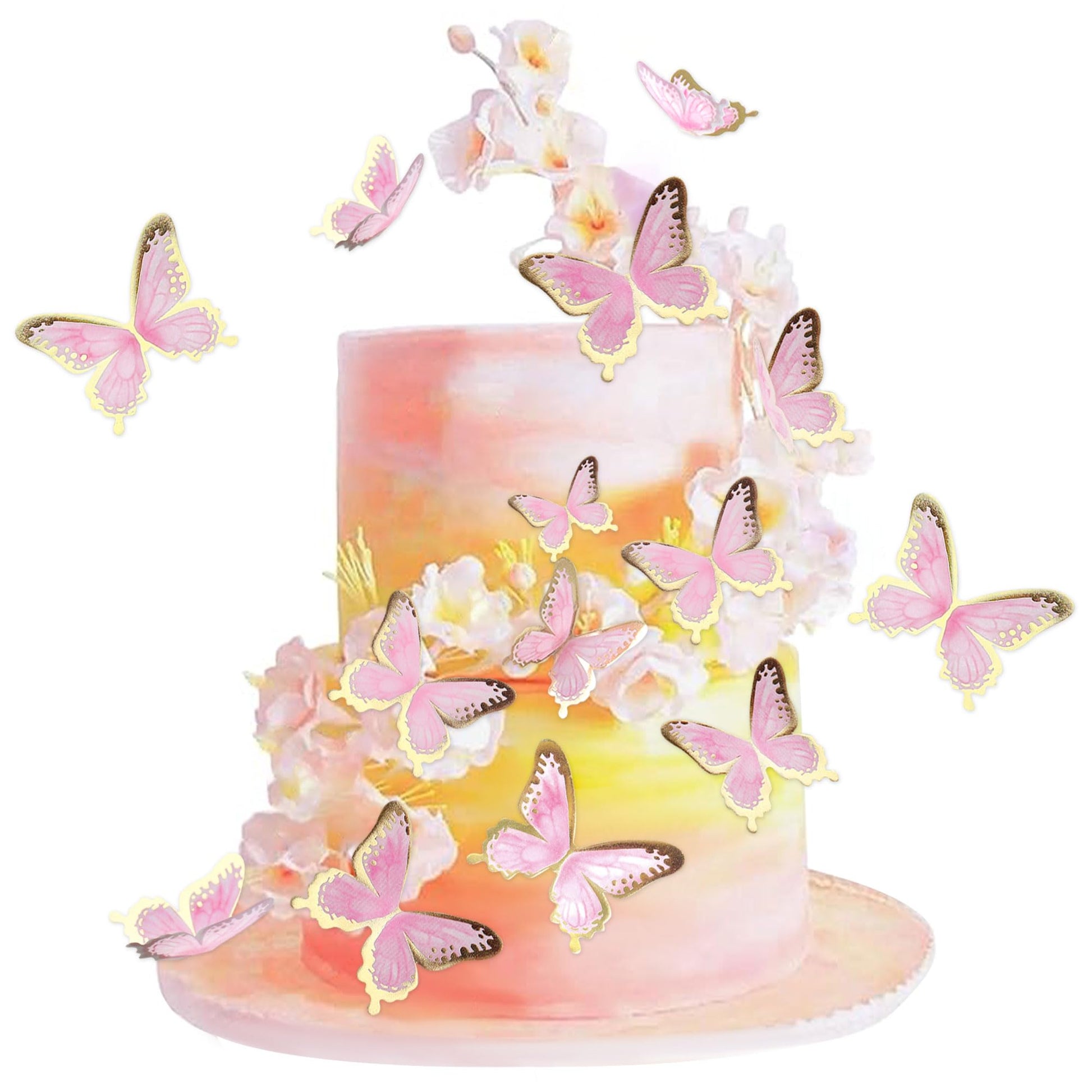 Cyodoos 30Pcs Pink Gold Edge Mixed Size Lively 3D Waterproof Swllowtail Butterfly Cupcake Topper For Girls Womens Happy Birthday Wedding Party Cake Wall Party Food Decorations