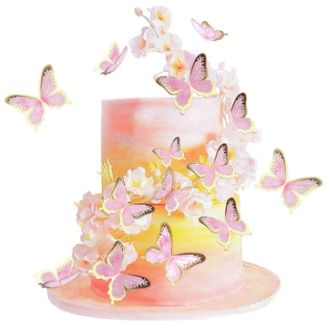 Cyodoos 30Pcs Pink Gold Edge Mixed Size Lively 3D Waterproof Swllowtail Butterfly Cupcake Topper For Girls Womens Happy Birthday Wedding Party Cake Wall Party Food Decorations
