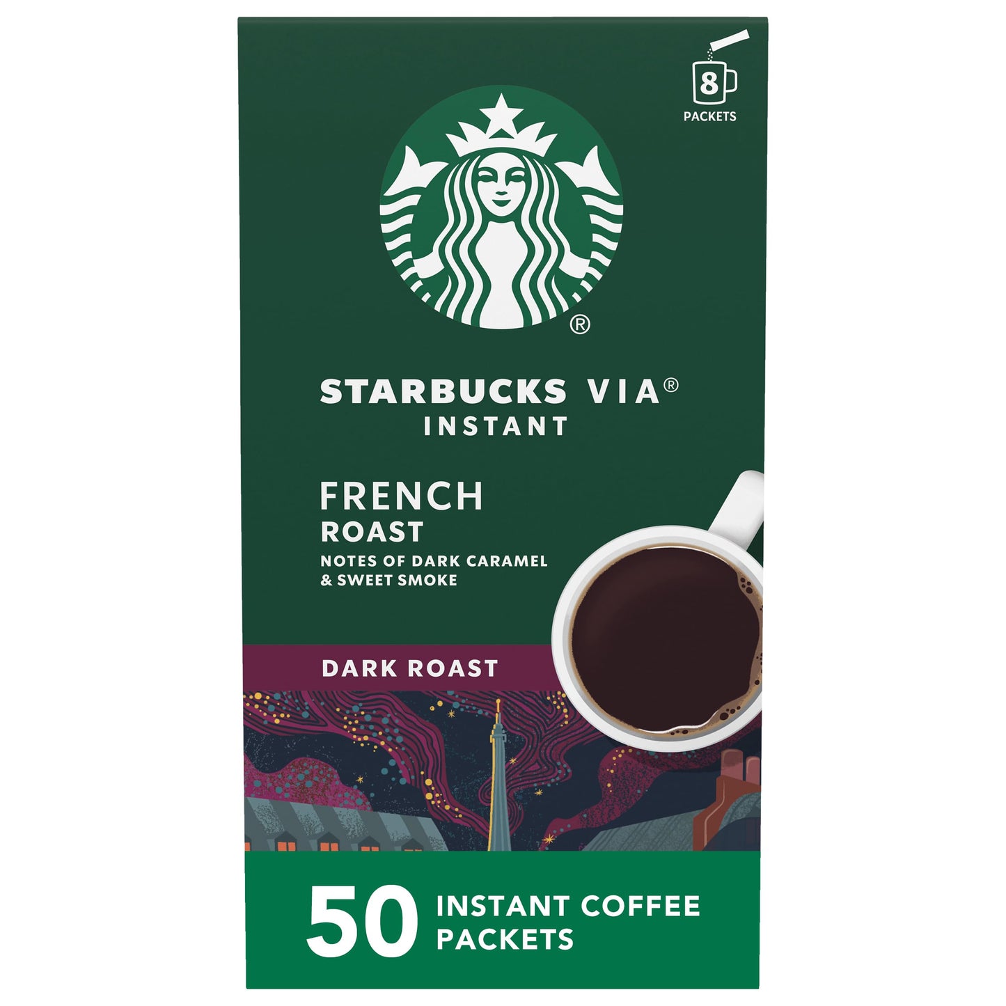 Starbucks VIA Instant Coffee, Dark Roast, 100% Arabica, 50 Pack, French Roast