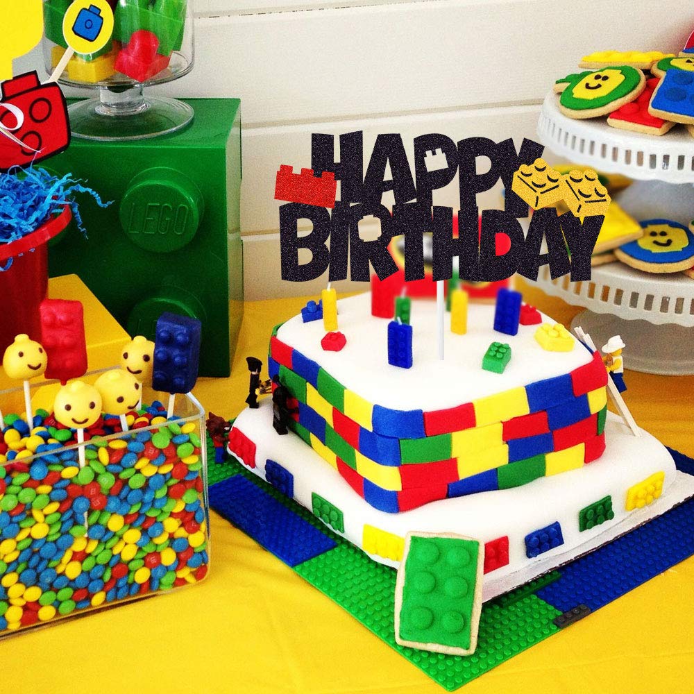 Building Blocks Cake Topper Glitter Happy Birthday Cake Decoration Color Building Brick Theme Birthday Baby Shower Party Supplie