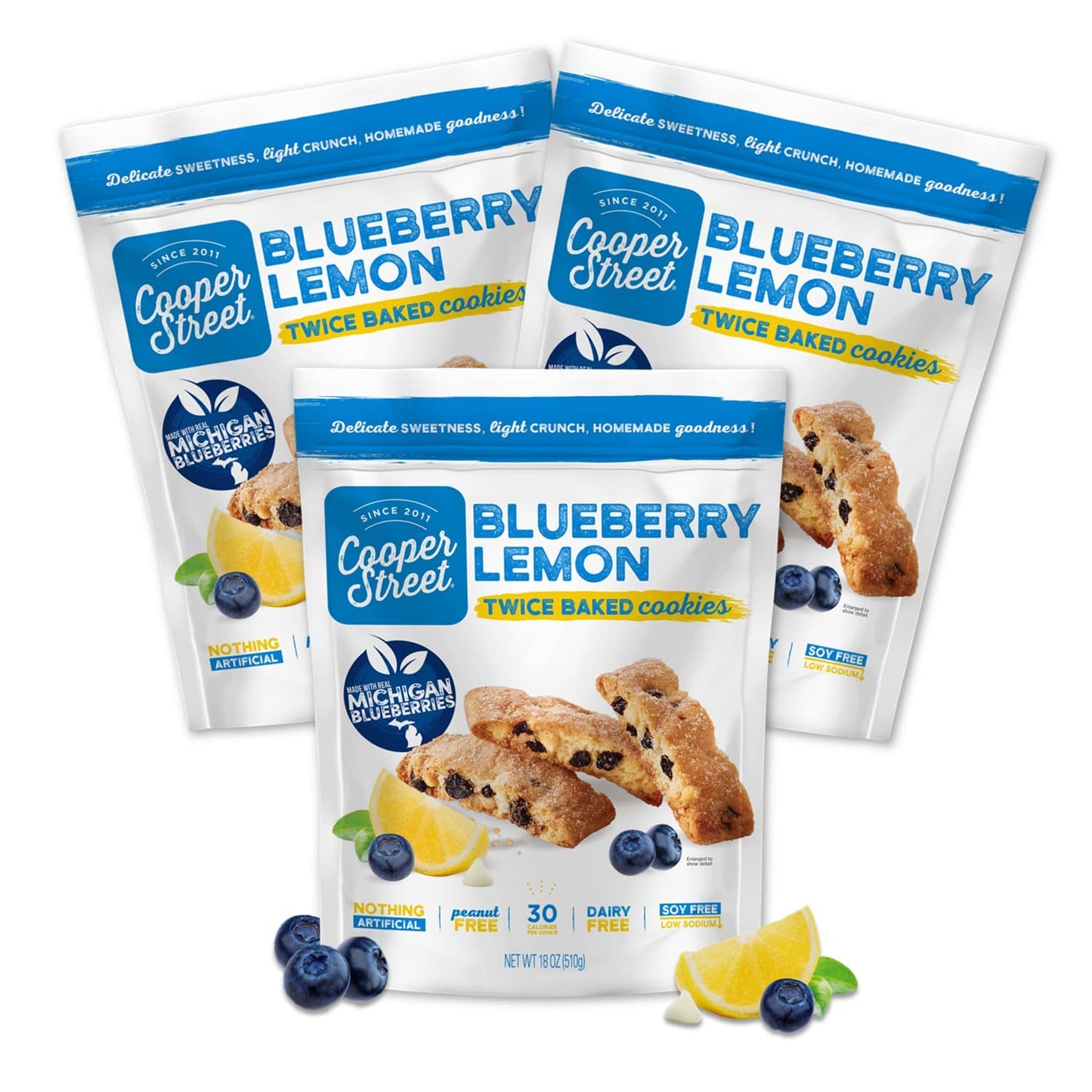 Cooper Street Cookies All Natural Twice Baked Crispy Cookie, Peanut & Dairy Free, Biscotti Style 18oz, Blueberry Lemon (Pack of 