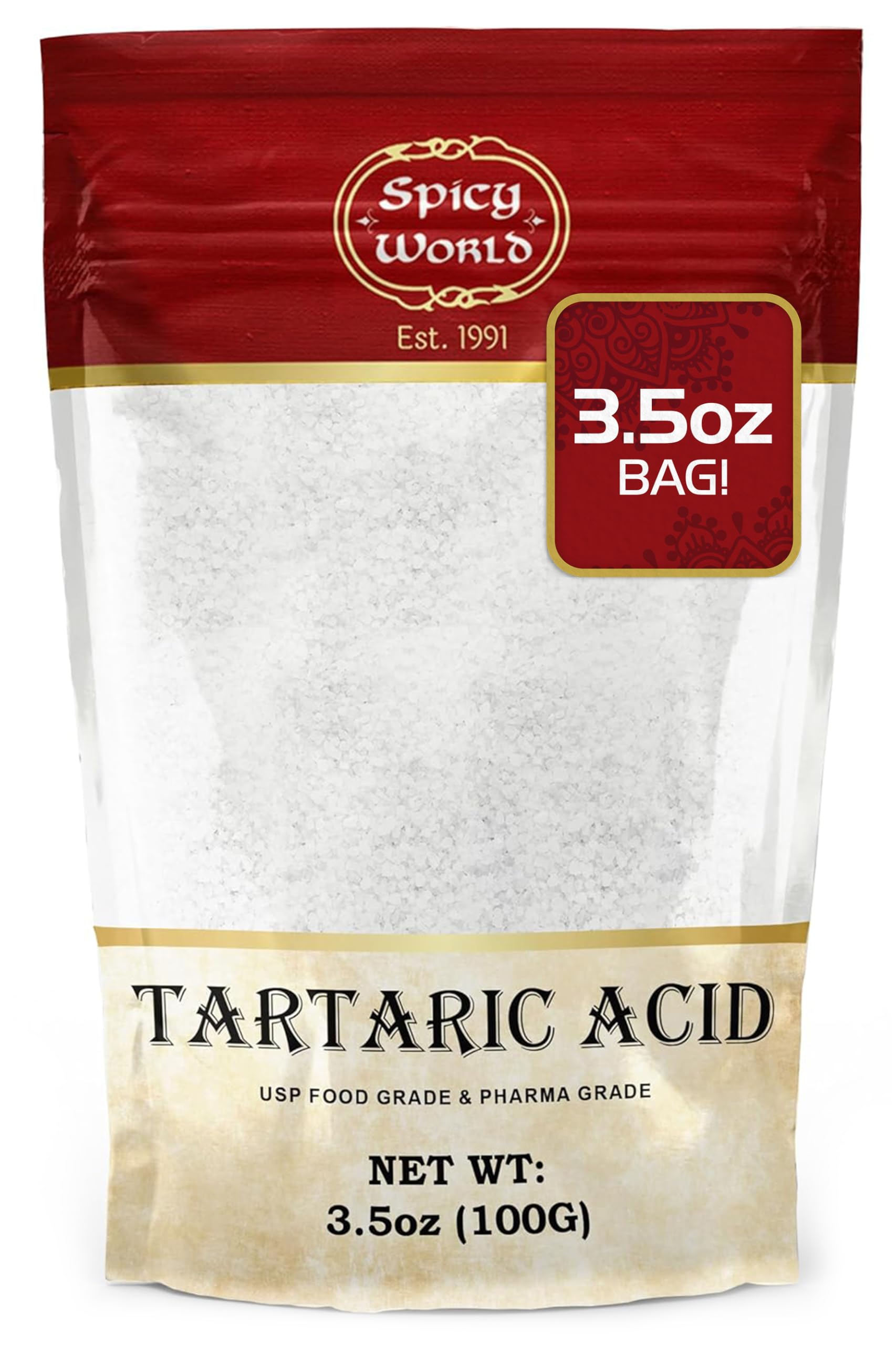 Spicy World Tartaric Acid Pure - Food Grade, USP Certified, Vegan, 3.5oz