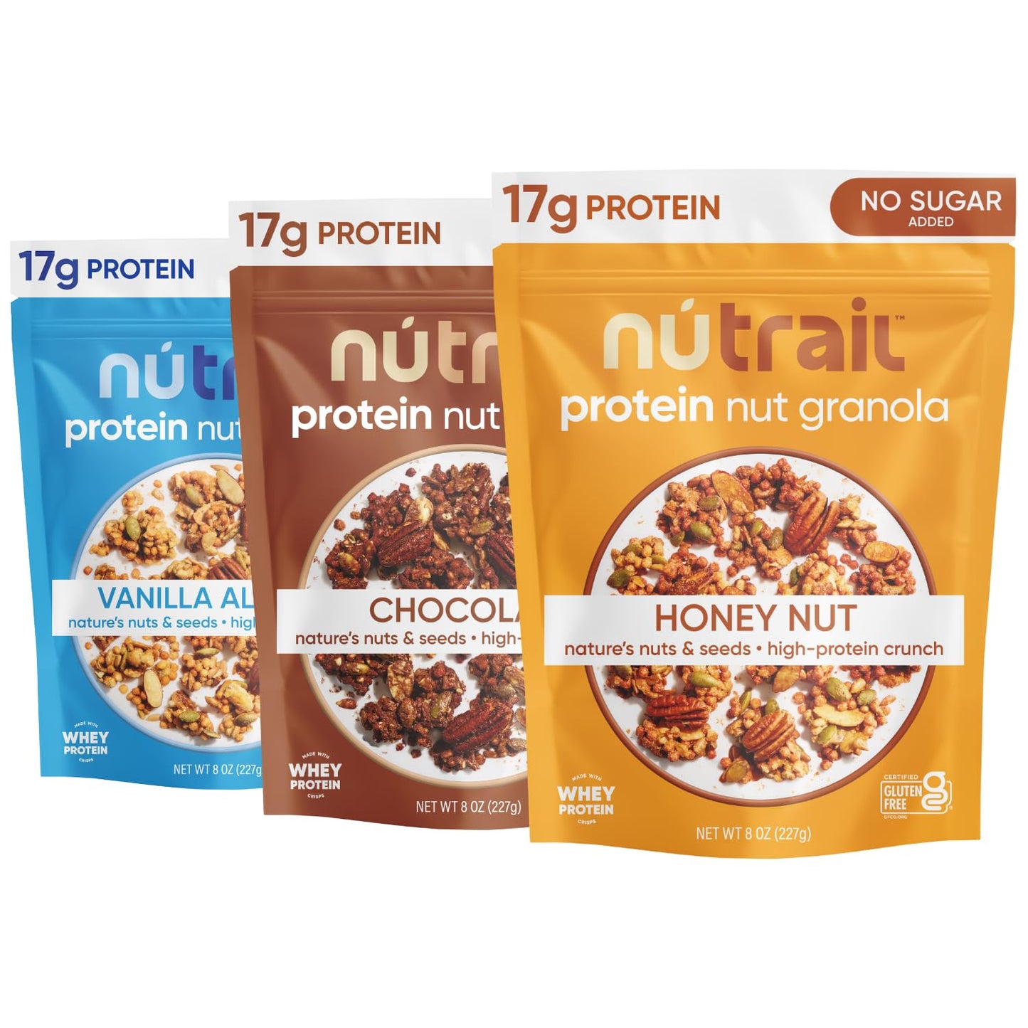 NuTrail 17g Protein Nut Granola Cereal  Variety Pack  No Sugar Added  Keto  Low Carb  Gluten Free  Grain Free  Healthy Breakfast 8 oz. 3 Count