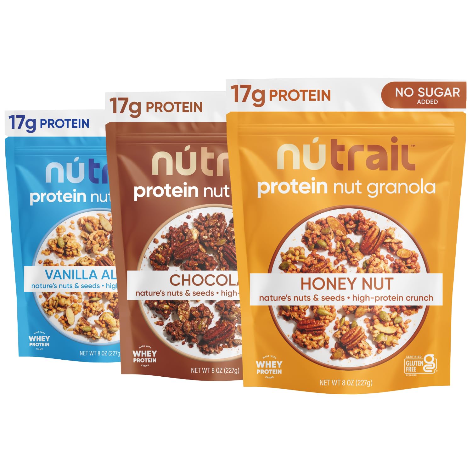 NuTrail 17g Protein Nut Granola Cereal  Variety Pack  No Sugar Added  Keto  Low Carb  Gluten Free  Grain Free  Healthy Breakfast 8 oz. 3 Count