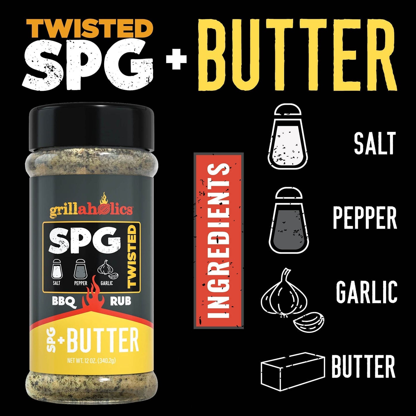 Grillaholics Twisted Spg + Butter Rub - Garlic Butter Seasoning & Spg Rub - Butter Flavored All Purpose Rub - Salt Pepper Garlic