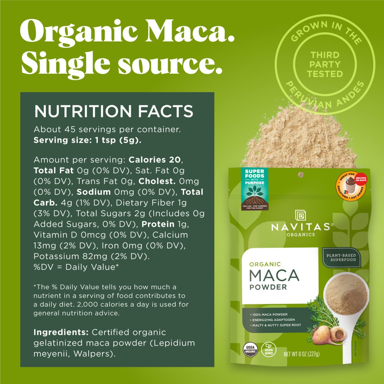 Navitas Organics Maca Powder  8 oz. Bag  45 Servings - Organic  Non-GMO  Low Temp-Dried Gluten-Free
