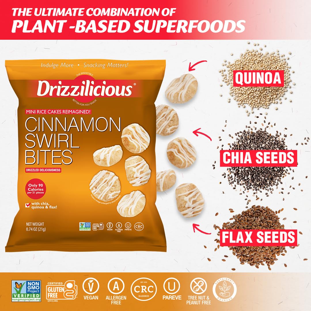 Drizzilicious Mini Rice Cakes, Cinnamon Swirl, Vegan, Gluten Free, 0.74 oz (Pack of 10)
