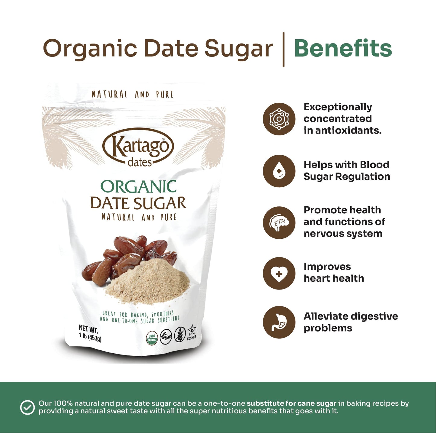 Organic Date Sugar - Sugar Substitute from Kartago, 1lb Single Pack