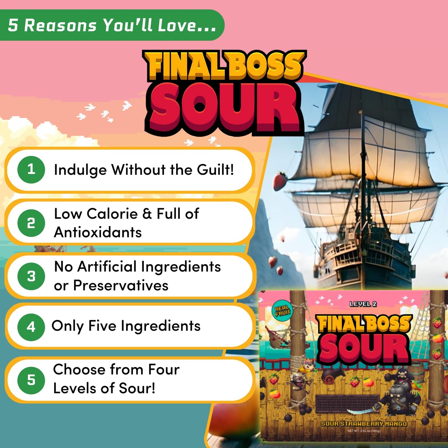 FINAL BOSS Sour Candy, Extremely Super Sour Gummy Candy, Strawberry & Mango, 3.52 oz Bag, Healthy Snack for Kids & mature-themeds