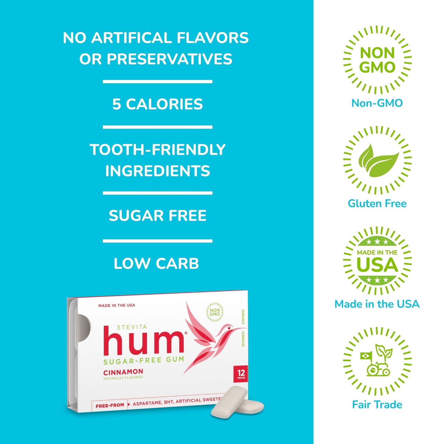 Stevita Hum, Cinnamon - Sugar-Free Gum - 12 Pieces, Pack Of 12 - Supports Oral Health -, Non-Gmo, Vegetarian, Keto, Gluten Free