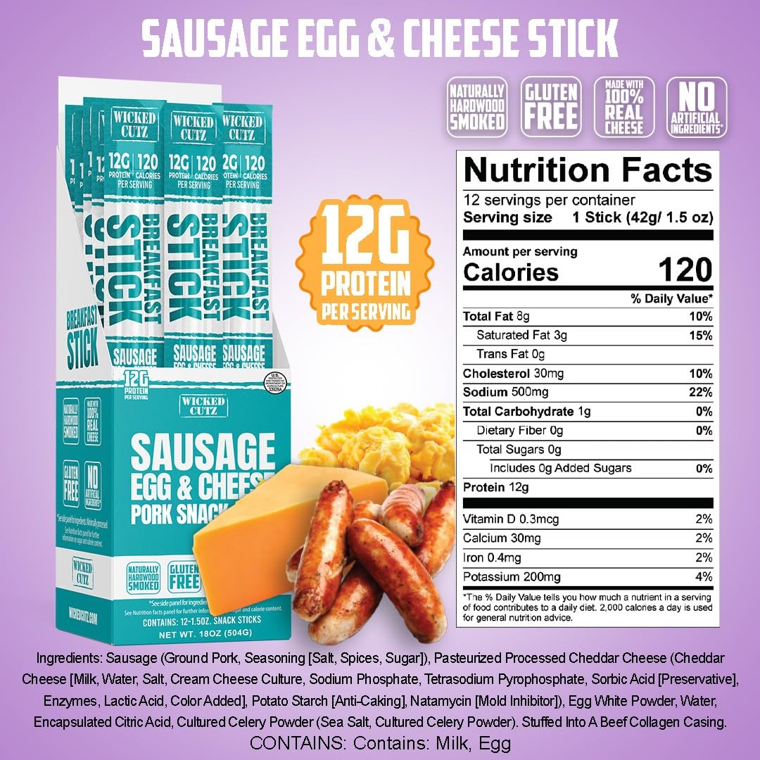Wicked Cutz Sausage Egg and Cheese Stick  12g Protein Per Gluten Free Breakfast Stick  USA Made High Protein Carnivore Snacks  Breakfast Meat Sticks (12 Sticks)