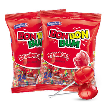 Colombina Bon Bon Bum Lollipops W/Bubble Gum Center, Strawberry Flavor, Individually Wrapped, Ideal For Party Favors And Gifts, 2 Pack (48 Count)