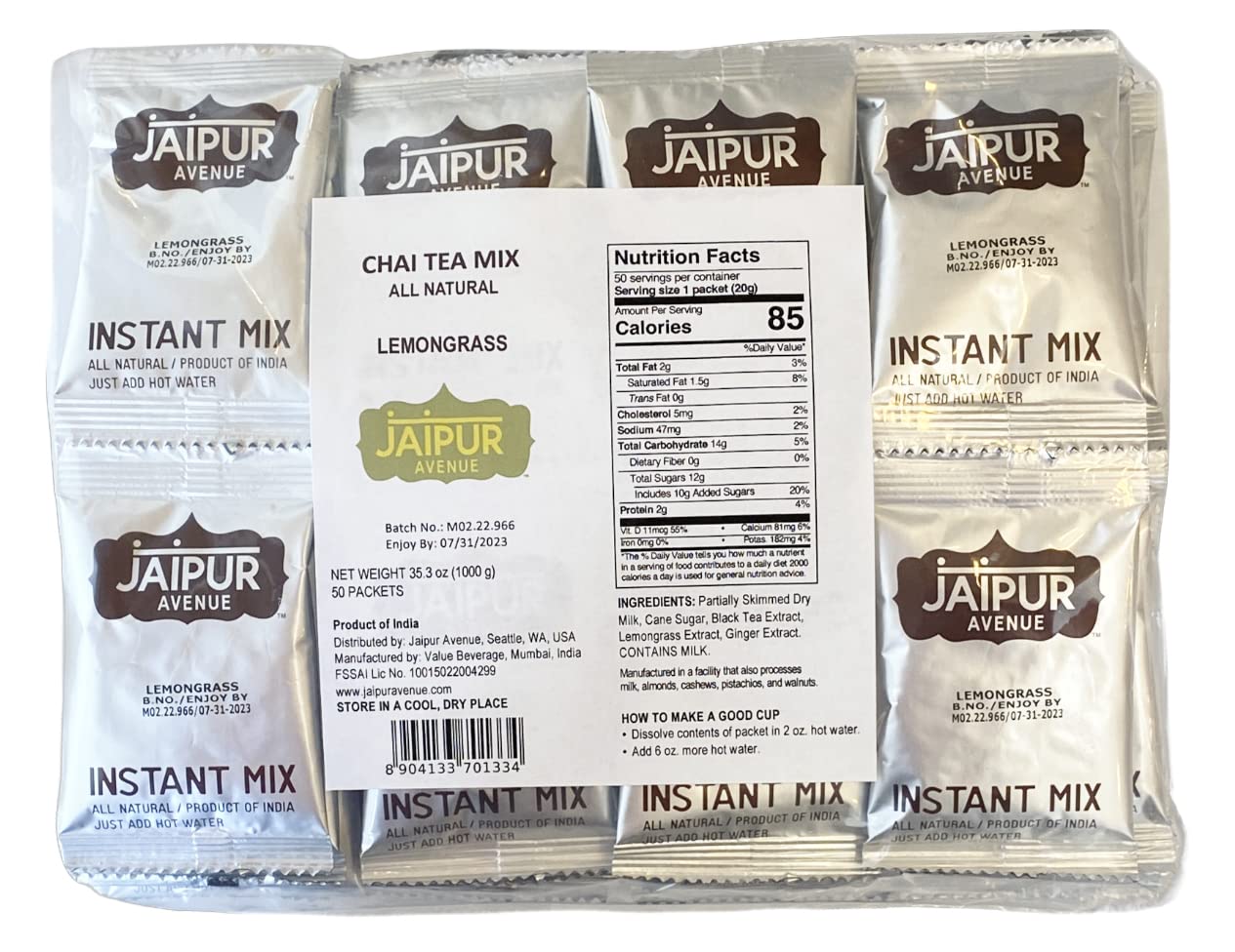 Jaipur Avenue Lemongrass Chai Tea Mix, All-Natural Assam Black Tea, 50 Count, Preservative-Free, Gluten-Free
