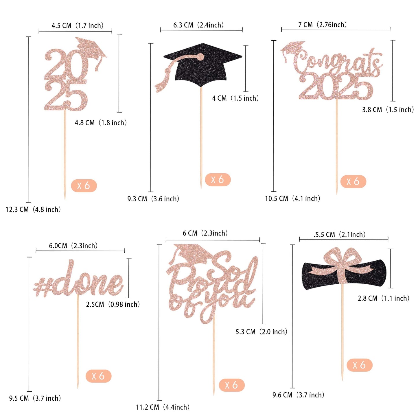 Gexolenu 36 Pcs Class Of 2025 Graduation Cupcake Toppers, Rose Gold Glitter Double-Sided Grad Cap Cake Toppers For Graduation Pa