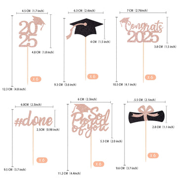 Gexolenu 36 Pcs Class Of 2025 Graduation Cupcake Toppers, Rose Gold Glitter Double-Sided Grad Cap Cake Toppers For Graduation Pa