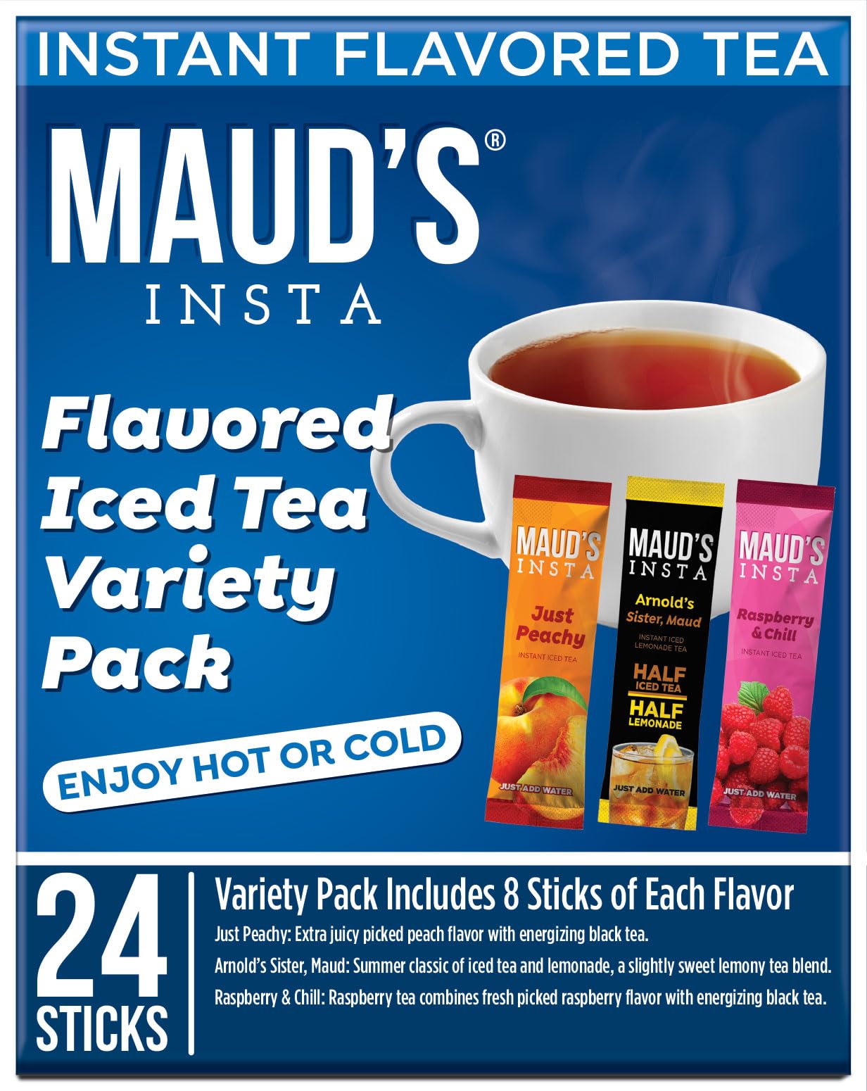 Maud's Instant Tea Variety Pack - 24 ct Lemonade, Peach & Raspberry Flavored Iced Powder Packets - Just Add Water for Hot or Ice