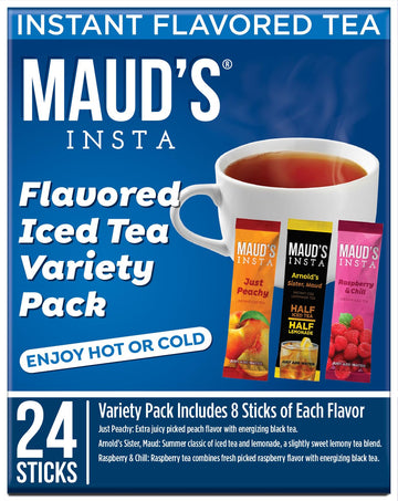Maud's Instant Tea Variety Pack - 24 ct Lemonade, Peach & Raspberry Flavored Iced Powder Packets - Just Add Water for Hot or Ice
