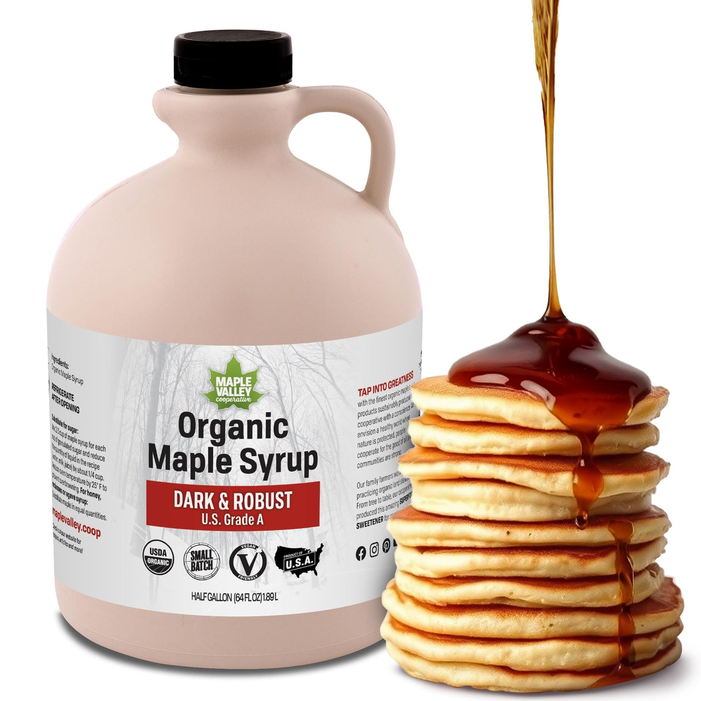 Maple Valley Organic Pure Maple Syrup, Dark & Robust, 64 Fl Oz Plastic Jug