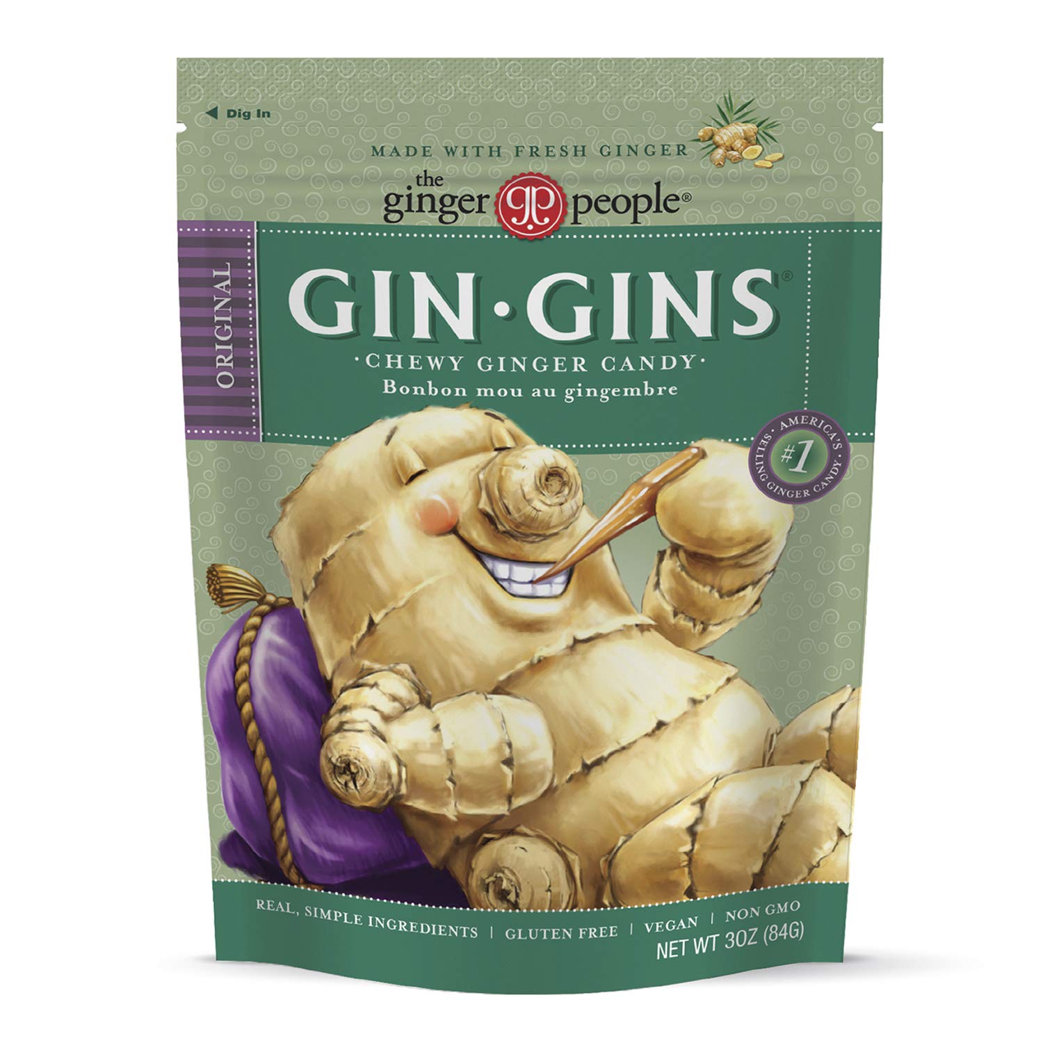 The Ginger People GIN GINS Original Ginger Chews – Natural Candy – 3oz Bag – Pack of 1 – Brown