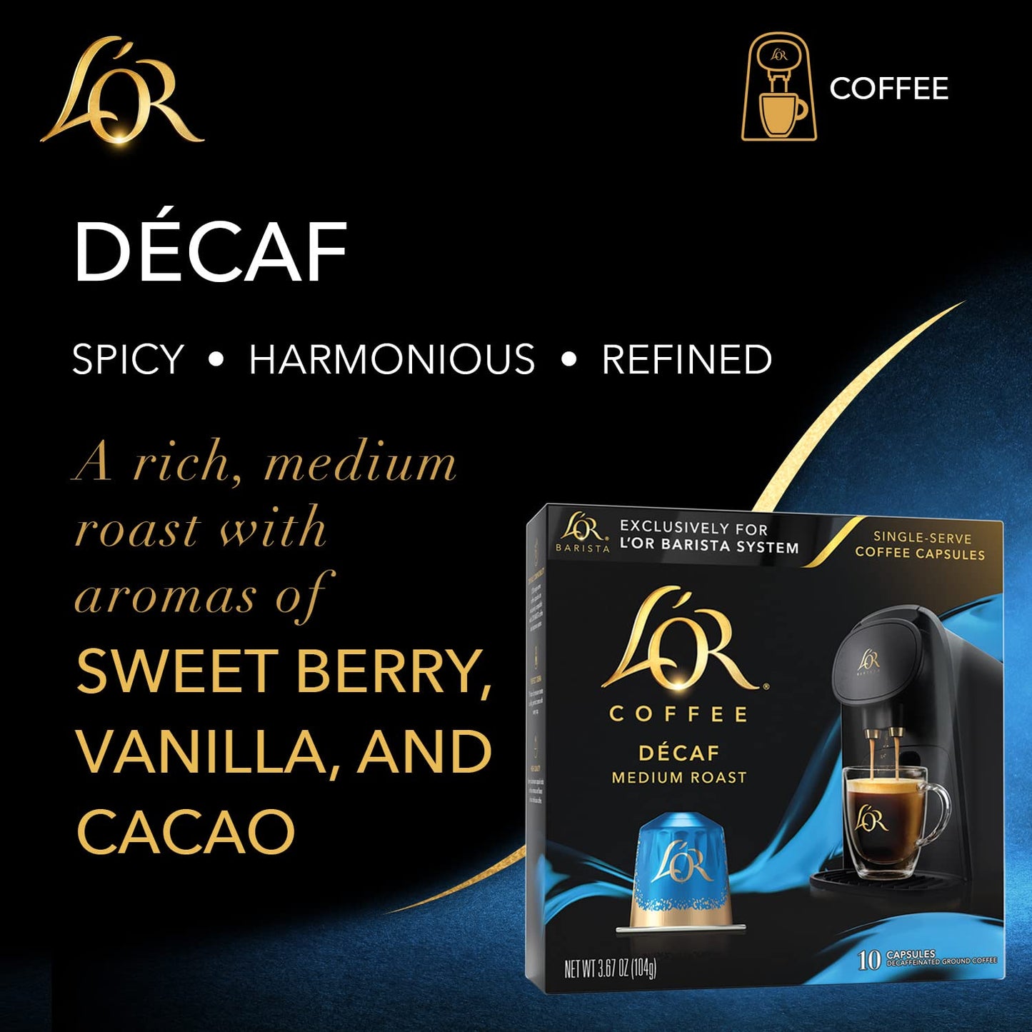 LOR Coffee Pods  10 Count DECAF Medium Roast  Single-Serve Aluminum Coffee Capsules Compatible with the LOR BARISTA System & *Nespresso Original Machines  10 count (Pack of 1)