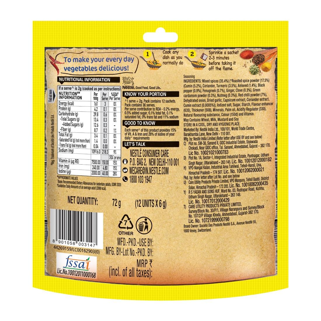 Maggi Masala-Ae-Magic Vegetable Masala, All In One | 72Grams Pouch (6Gm X 12 Sachets) Powder