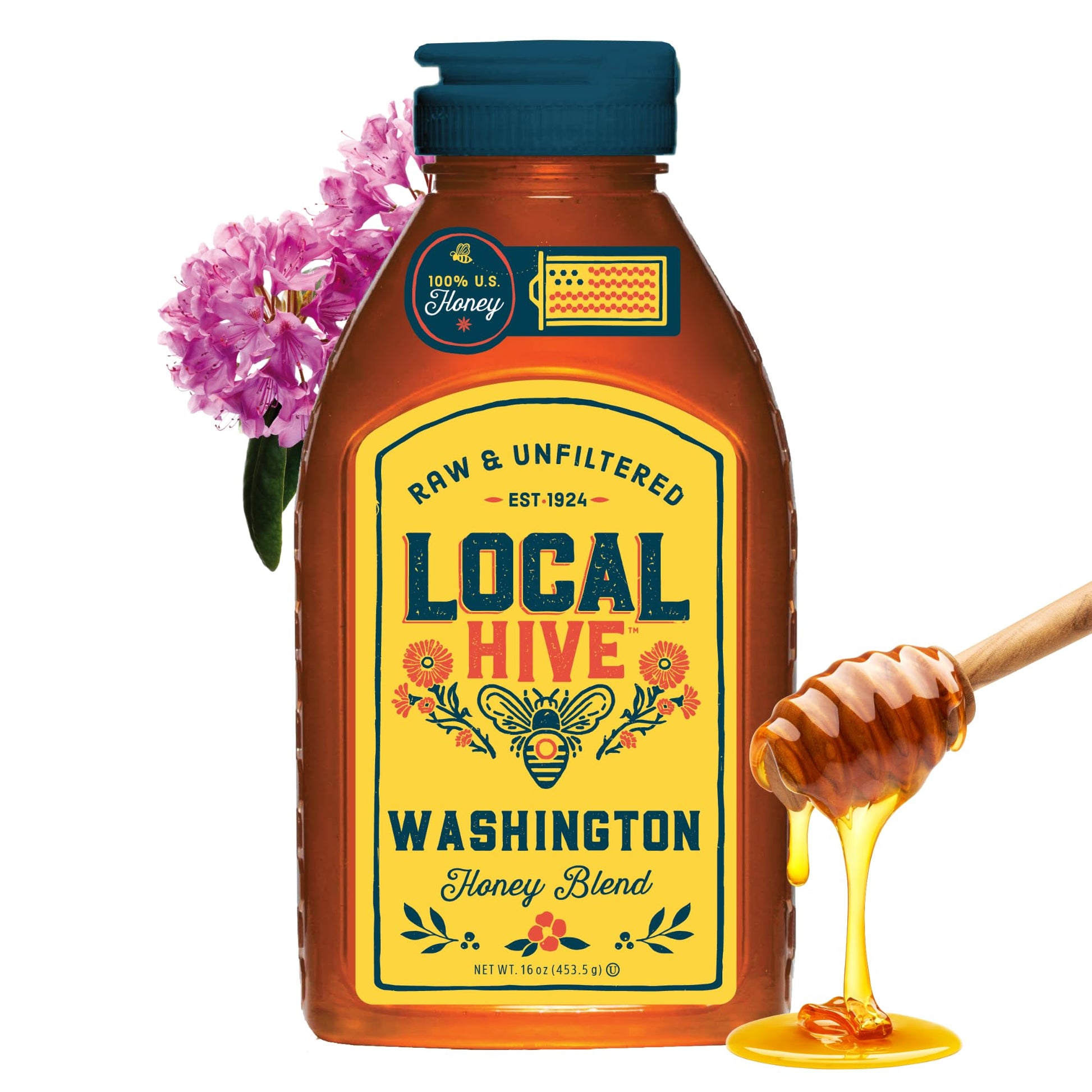 Local Hive Washington Raw Unfiltered Honey - 16 oz, 100% Pure US Honey, Sourced from American Bees and Beekeepers - Natural Swee