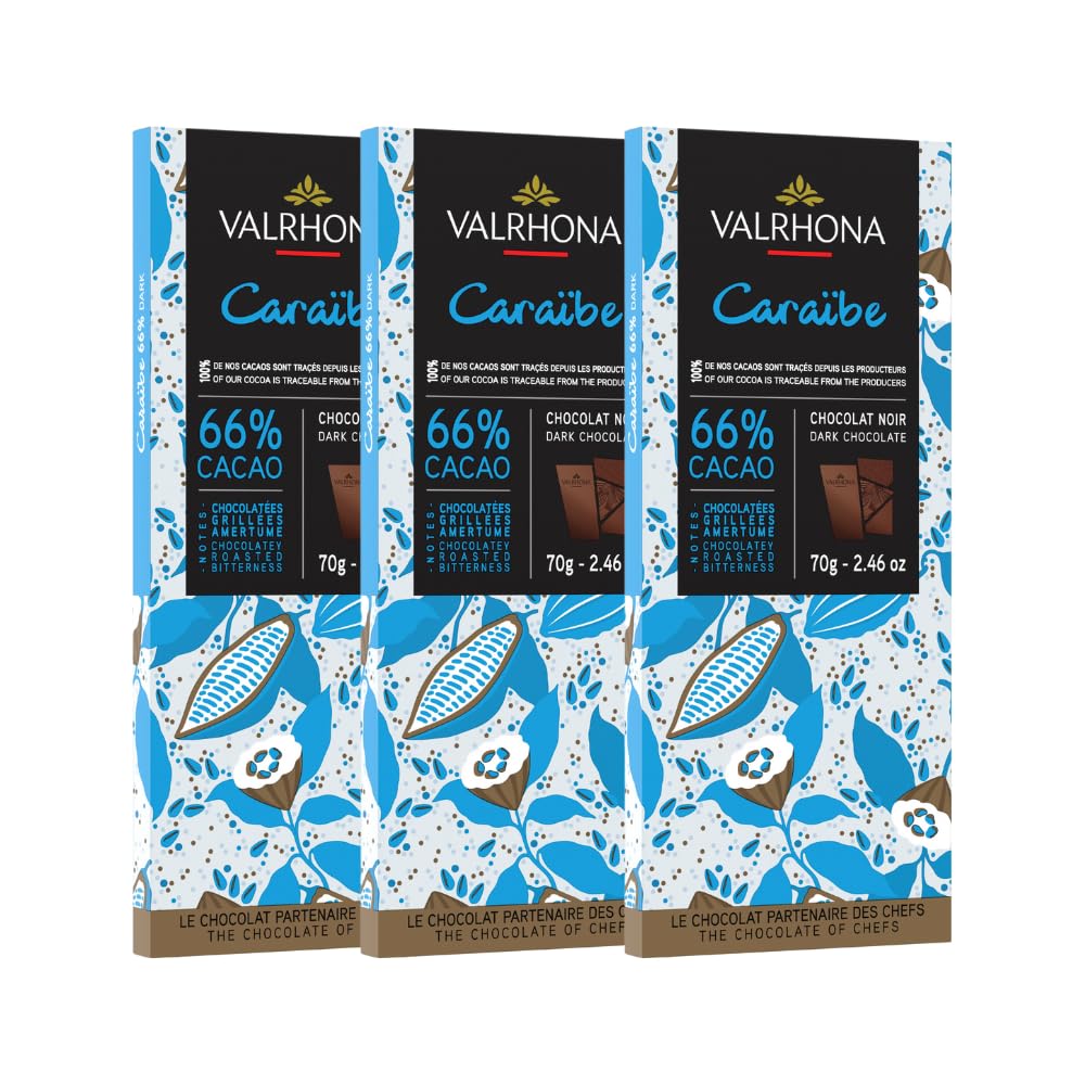 VALRHONA Dark Chocolate Tasting Bar 66% Cacao, Gourmet French Chocolate, 70g (Pack of 3), 10cm x 5cm x 1cm