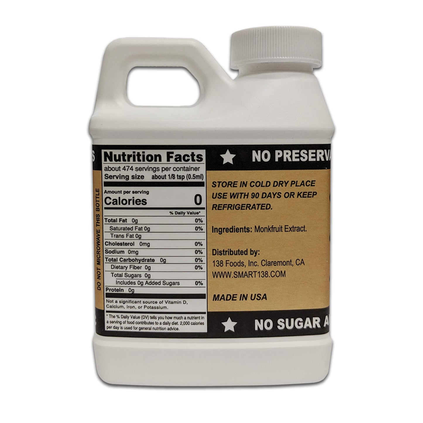 Smart138 Monk Drops Liquid Sweetener, Zero Calories, Zero Sugar, 8 Fl Oz Jug