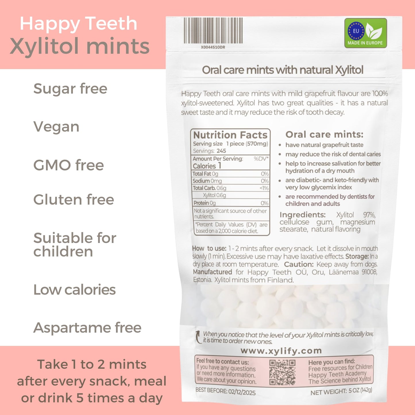 Xylitol Mints For Oral Care - Grapefruit Flavor, 100% Xylitol Sweetened, Sugar Free Candy, Happy Teeth Dental Mints From Finland