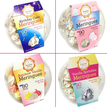 Krunchy Melts Meringue Cookies 4-Pack - Birthday Cake, Cotton Candy, Rainbow Vanilla, Vanilla Sprinkles - 16 oz, Gluten Free, Low Fat