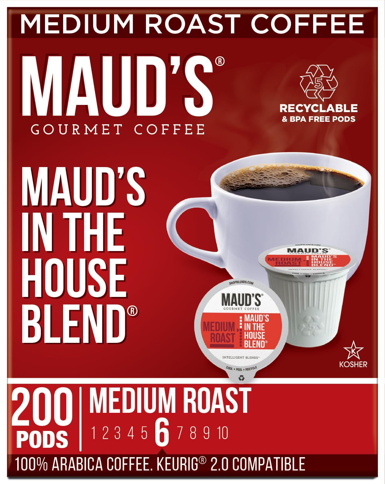 Maud's Medium Roast Coffee Pods, 200 ct, Recyclable Single Serve Pods - 100% Arabica Coffee, Compatible with Keurig K Cups Maker