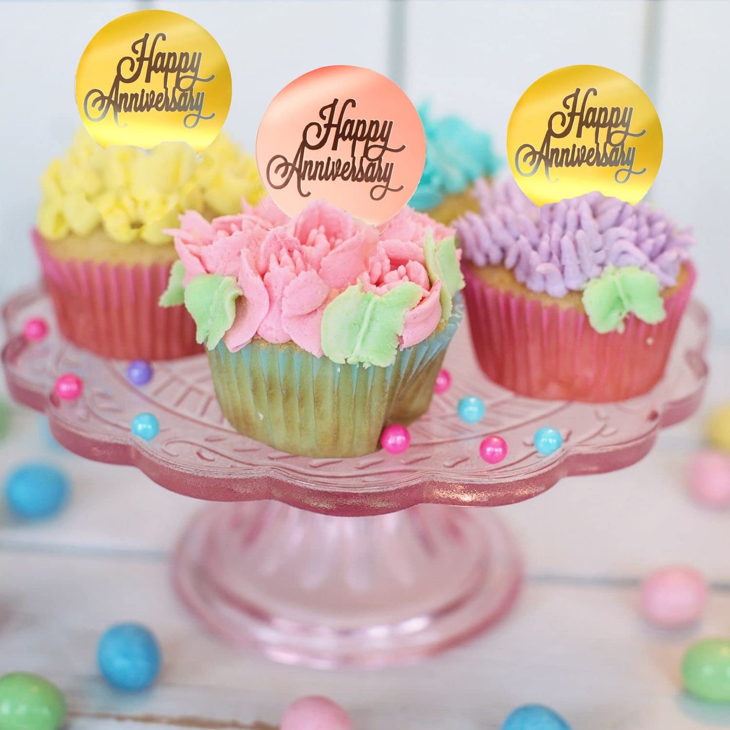 Crethinkaty 10 Pieces Happy Anniversary Acrylic Cupcake Toppers Round Mirror Engraved Cake Topper Cupcake Decorations For Birthd