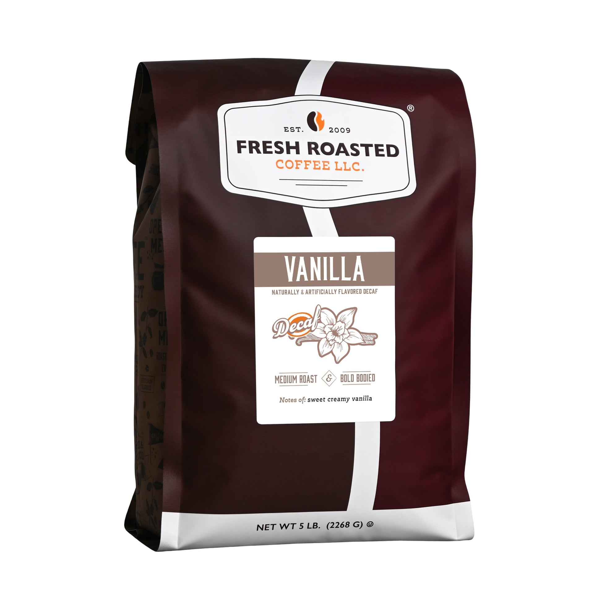 Fresh Roasted Coffee Decaf Vanilla Flavored Whole Bean 5 lb Medium Roast Kosher