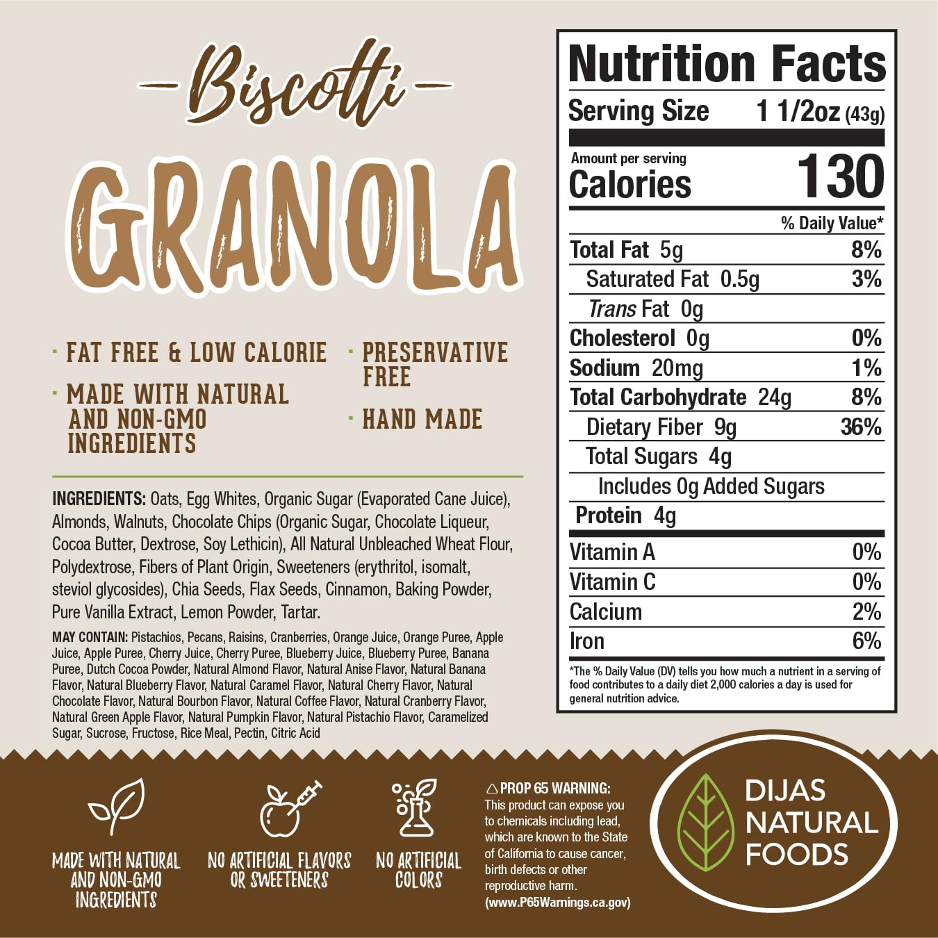 Dijas Natural Foods, Low Fat Biscotti Granola, All Natural Preservative Free Ingredients, Delicious Low Calorie Snack (16 Oz, Gr