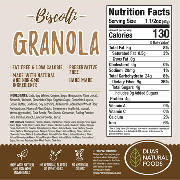 Dijas Natural Foods, Low Fat Biscotti Granola, All Natural Preservative Free Ingredients, Delicious Low Calorie Snack (16 Oz, Gr