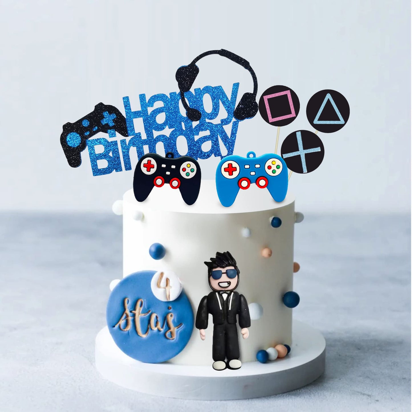 Video Game Cake Toppers Gamer Cake Decoration Game Controller Blue Black Ball Cake Toppers For Game Theme Party Man Boy Birthday