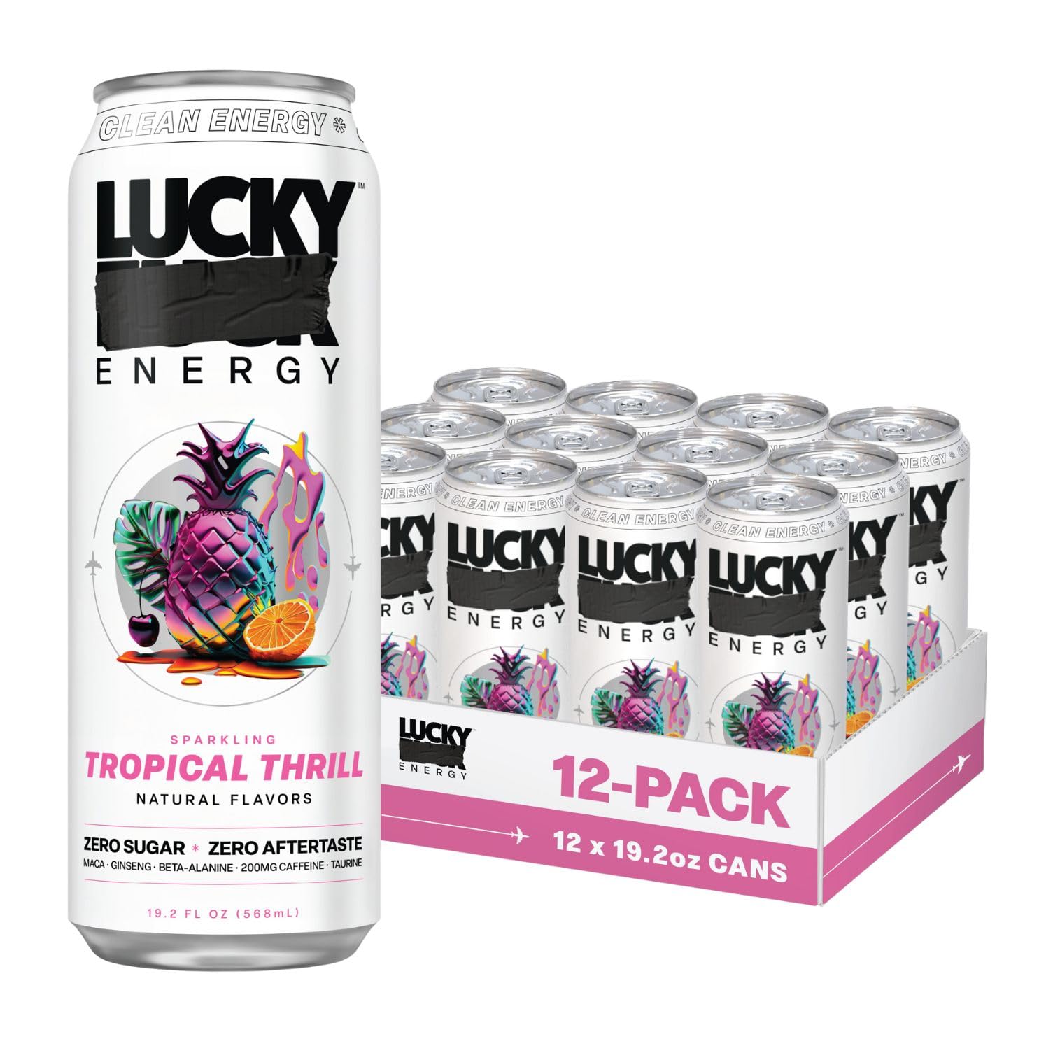 Lucky Energy Sugar Free Energy Drinks, Tropical Thrill, 19.2 Fl Oz Cans, Pack of 12, 200mg Caffeine