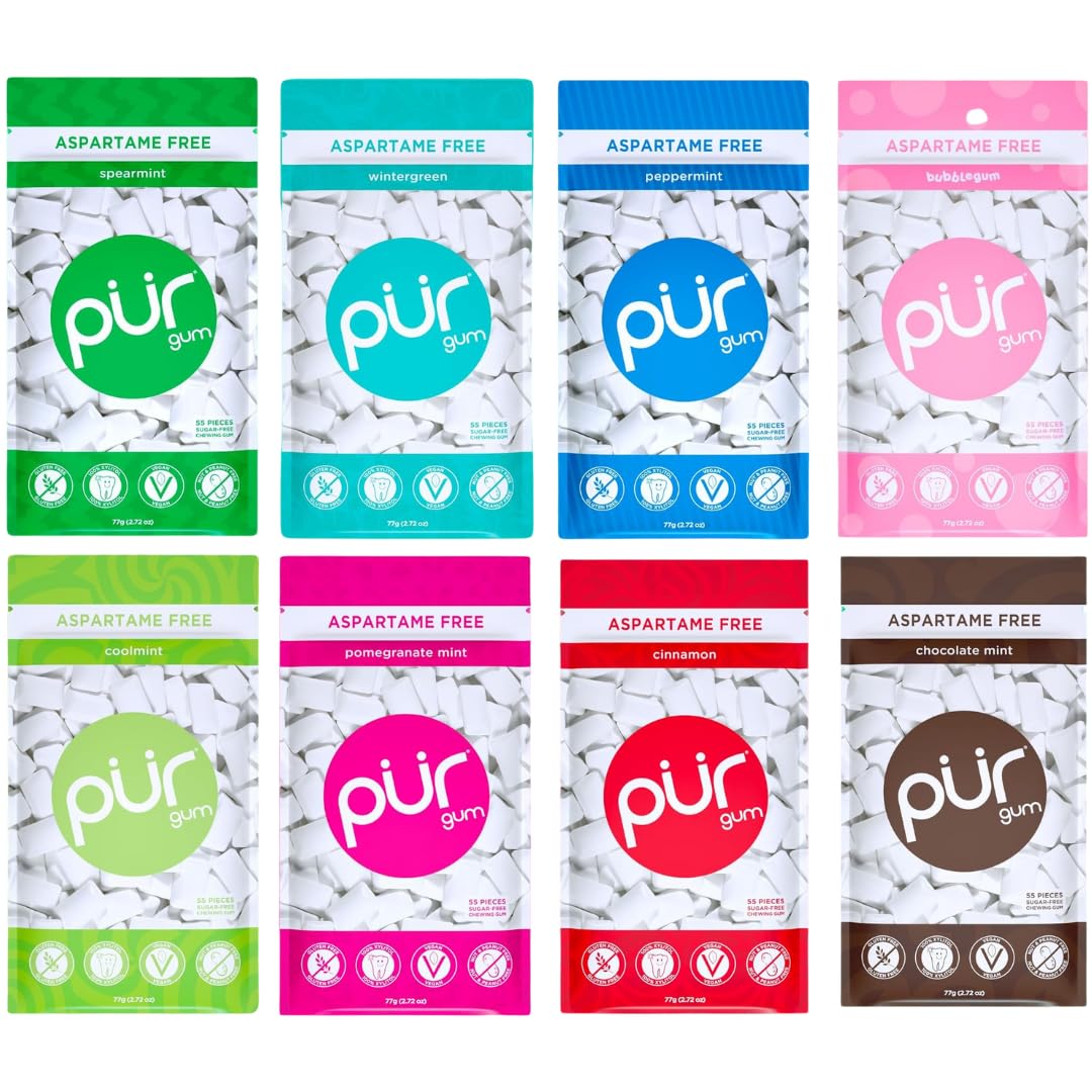 Pur Gum 8 Flavor Assortment Spearmint  Peppermint  Pomegranate Mint  Wintergreen  Cinnamon  Coolmint  Chocolate & Bubblegum