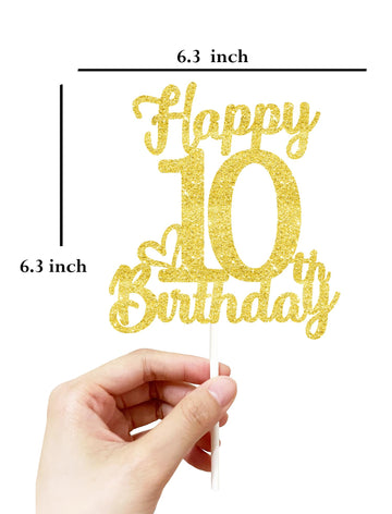 10Th Birthday Cake Topper - Double Sided Gold Glitter, Happy 10Th Birthday Cake Topper For Girls,10 Cake Decorations For Girls,