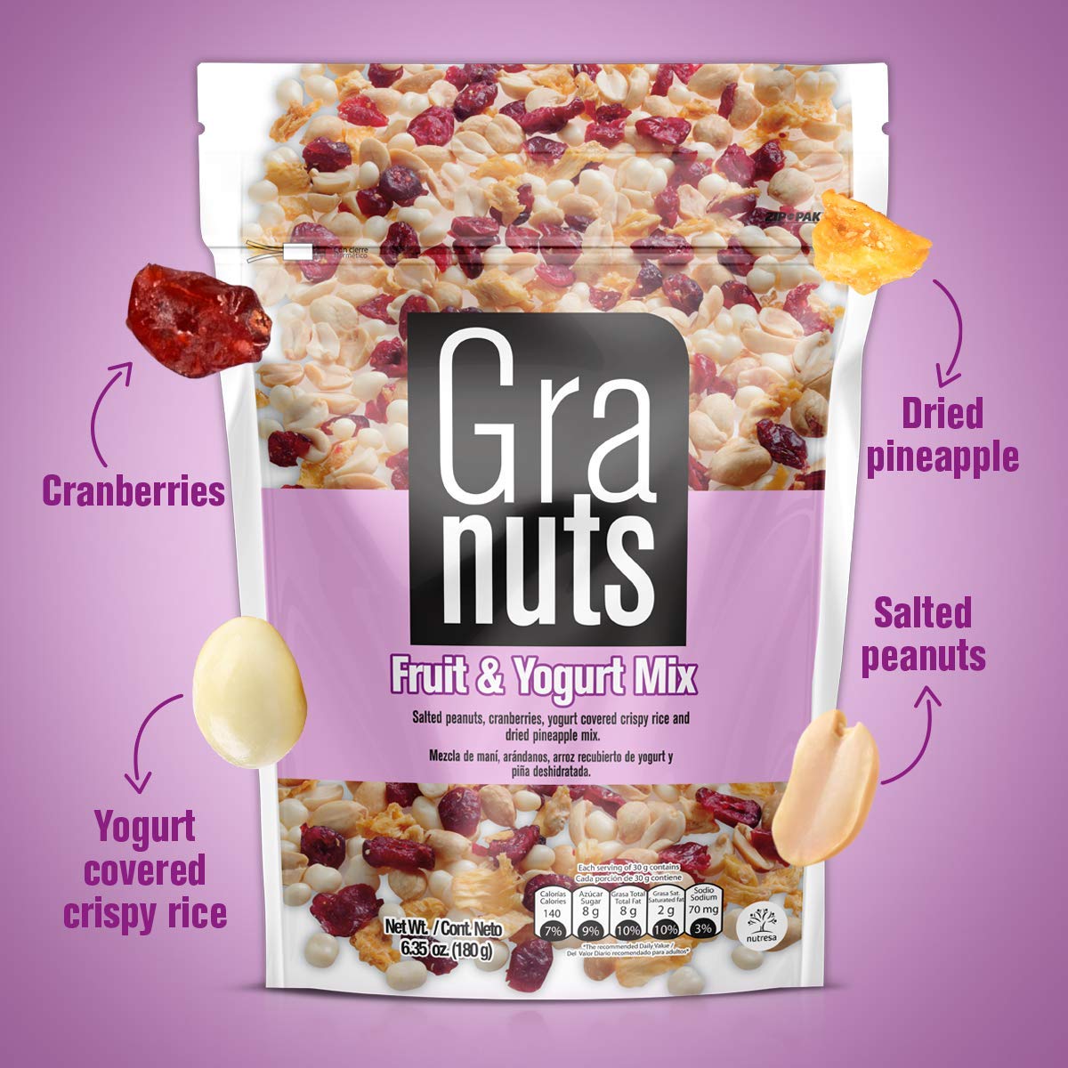 GRANUTS Fruit & Yogurt Mix Family Pack - Crispy Yogurt-Covered Rice with Peanuts, Cranberries & Pineapple - 6.35 Oz Snack