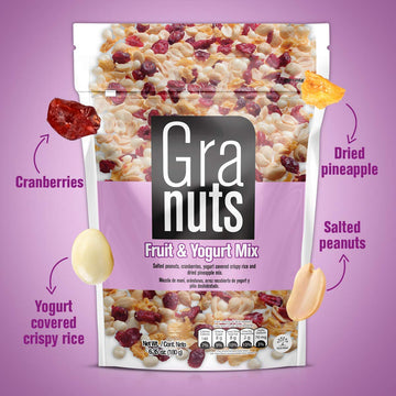 GRANUTS Fruit & Yogurt Mix Family Pack - Crispy Yogurt-Covered Rice with Peanuts, Cranberries & Pineapple - 6.35 Oz Snack
