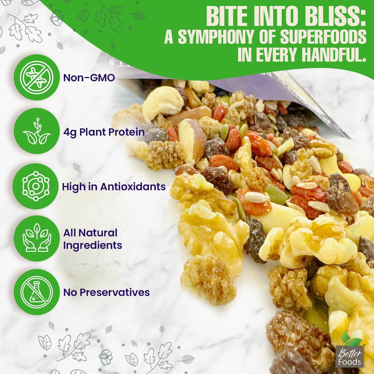 BetterFoods Raw Superfoods Trail Mix - The Works | Cashews, Mulberries, Pumpkin Seeds, Sunflower Seeds, Brazil Nuts, Goji Berrie