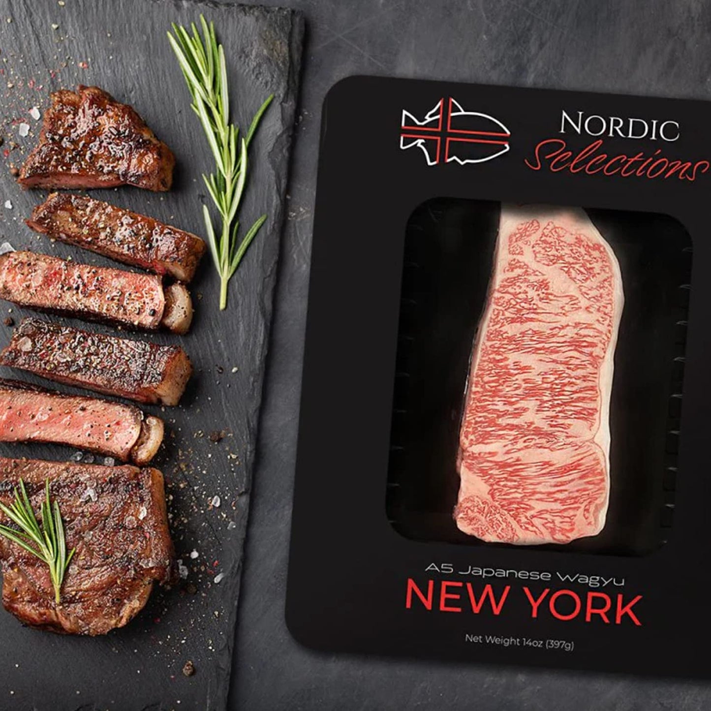 Nordic Catch A5 Japanese Wagyu Beef New York Strip Steak, Fresh Thick Cut, 14oz, Skin-Packed, Authentic from Kagoshima Reserve