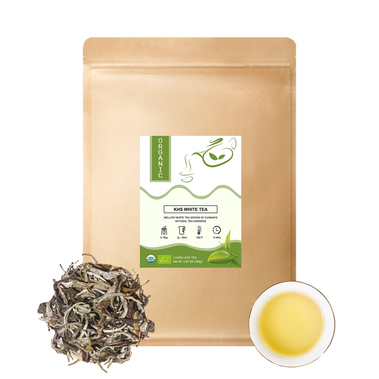 KHS Premium Organic White Tea, 3.53 Oz USDA Certified Grade A White Tea, Aged White Leaves with Fresh And Sweet Flavor, White te