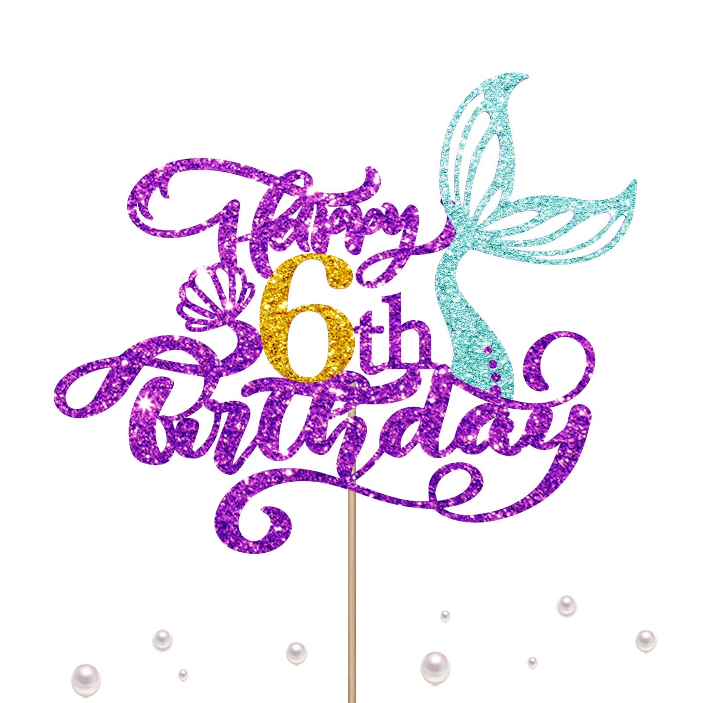 Mermaid 6 Cake Topper, Happy 6Th Birthday Cake Decor For Baby Girl, Little Mermaid 6Th Birthday Party Decoration, Under The Sea