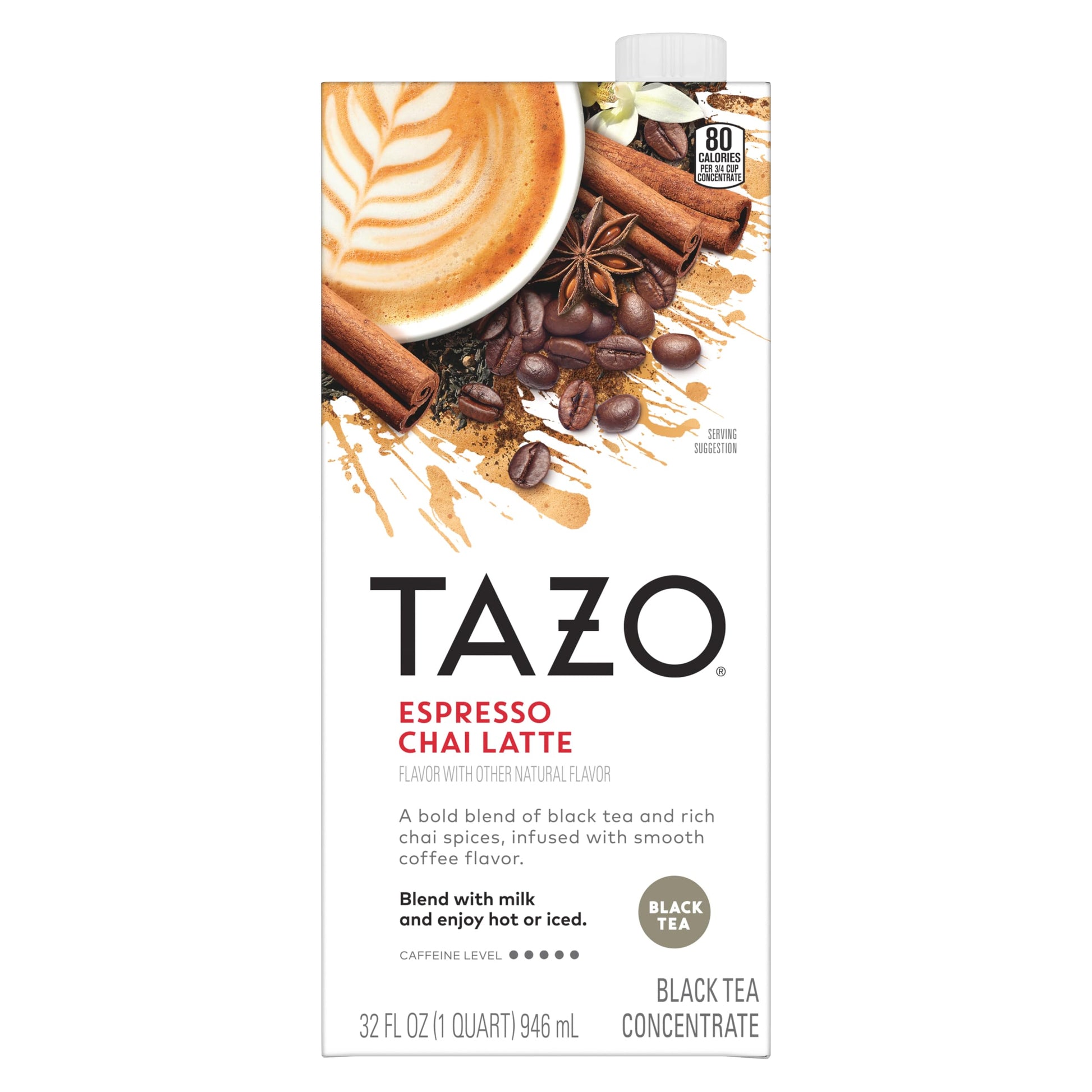 TAZO Espresso Chai Latte  Black Tea Concentrate  Easy to Serve Espresso Chai Tea for Everyday Cafe Style Lattes  Hot or Iced Coffee-like experience  Barista Approved  32oz Tea Mix Carton