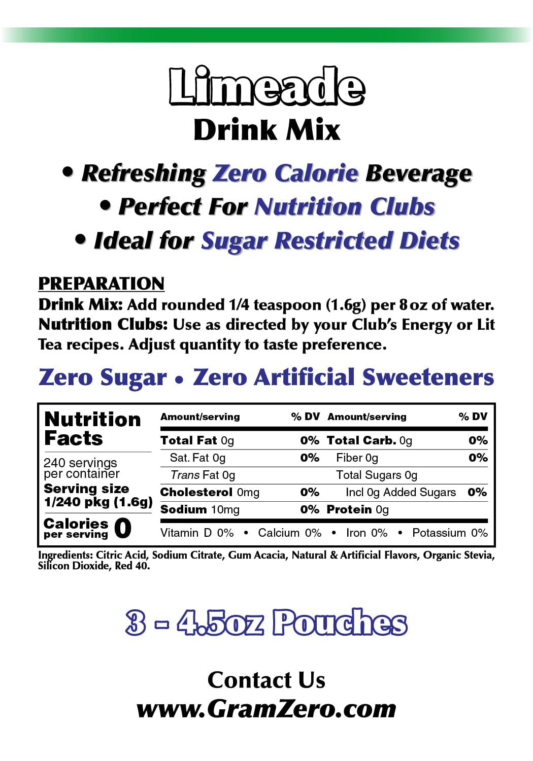 Gramzero Limeade Zero Calorie Sugar Free Drink Mix, Great For Nutrition Club Loaded Teas, Stevia Sweetened